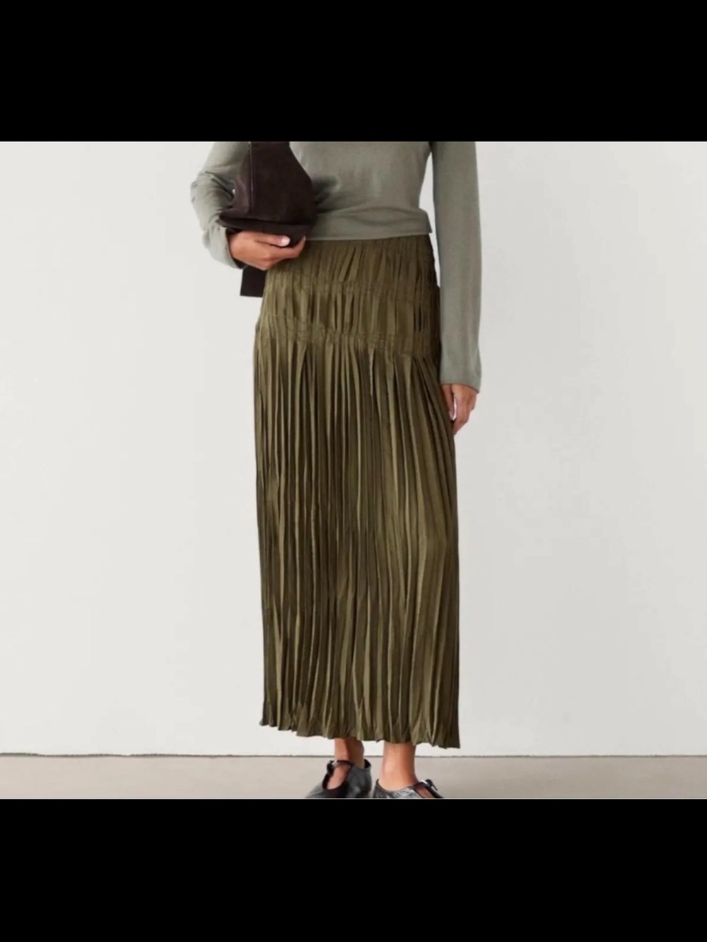 Massimo Dutti Olive Pleated Maxi Skirt